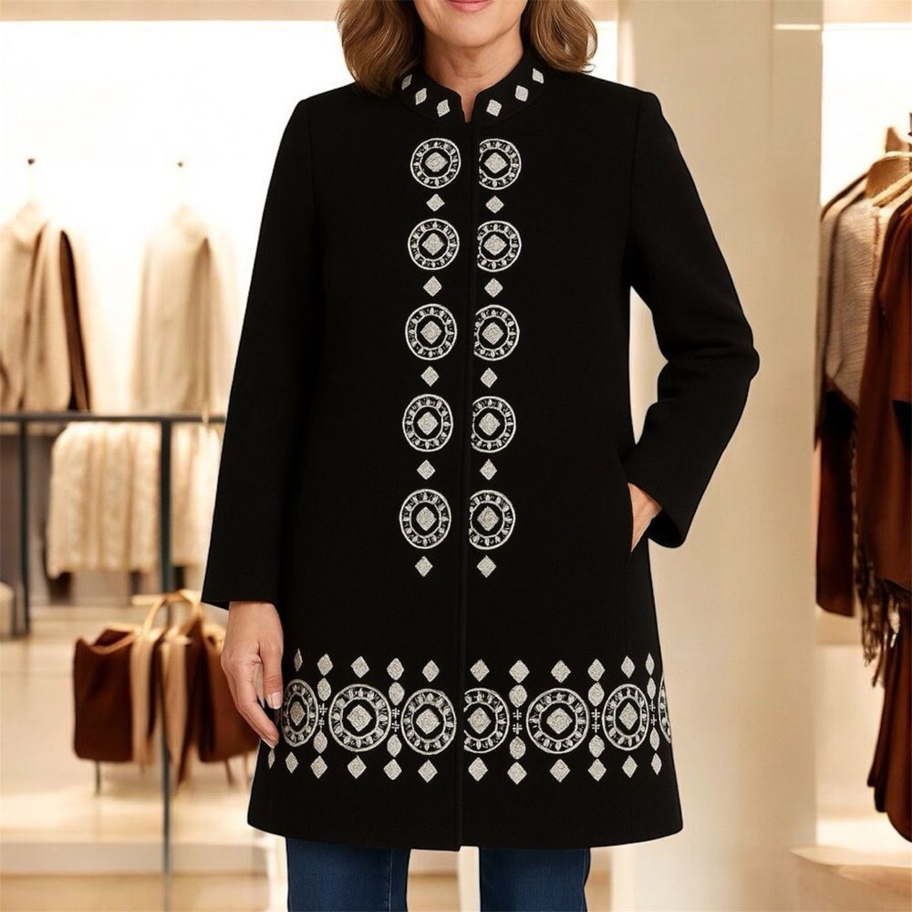 VTG Alexandra Bartlett Coat Women Sz PL Wool Embroidered Black White Long Jacket